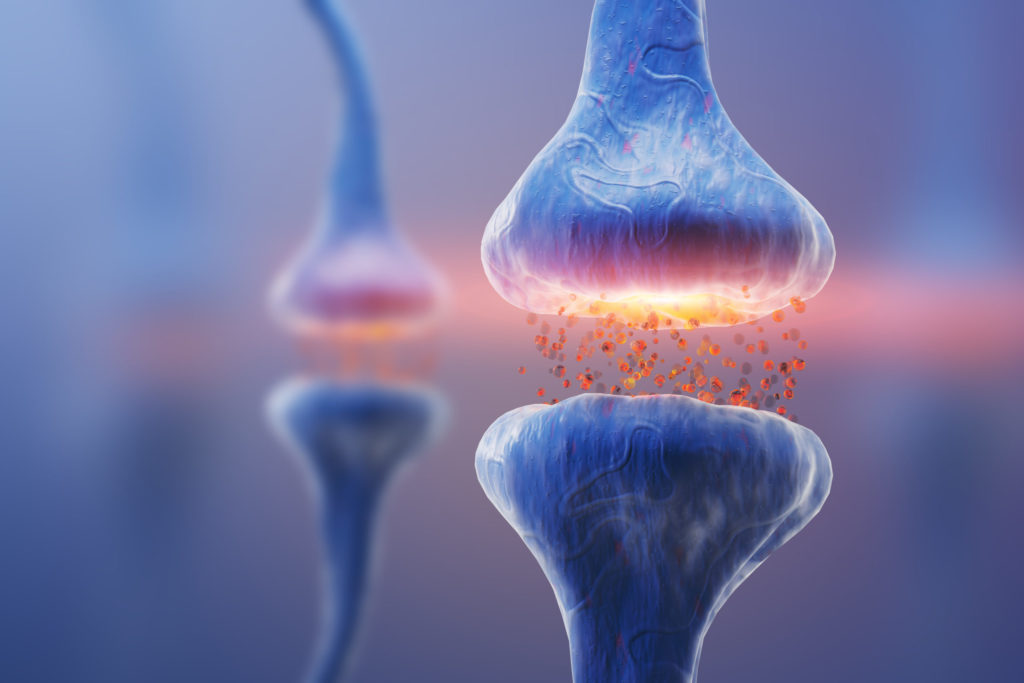 Blue synapse and neuron on a blue background. 3d rendering