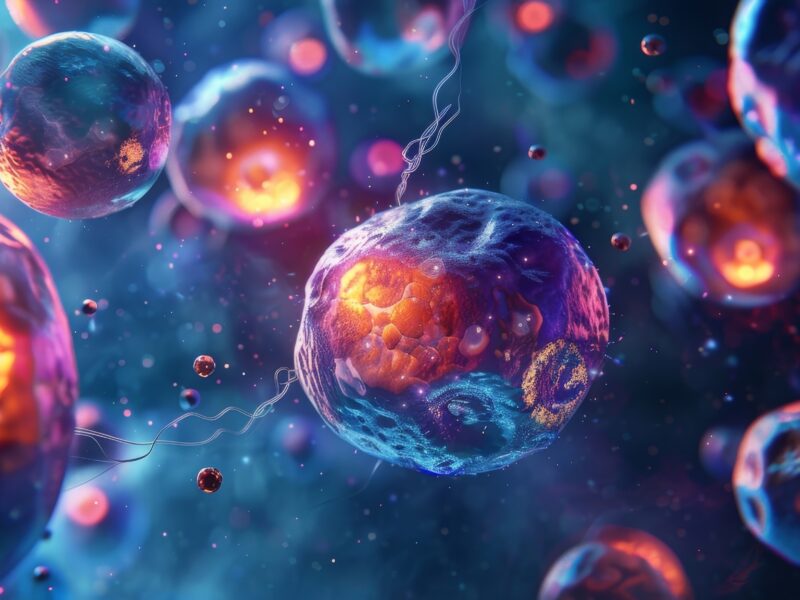 Depiction of senescent cells releasing extracellular vesicles containing proinflammatory molecules