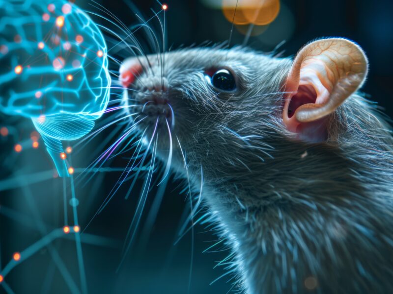 Digital Rendering of a Lab Rat Investigating a Stylized Brain, Showcasing Scientific Innovation and Research in a Modern Laboratory Environment