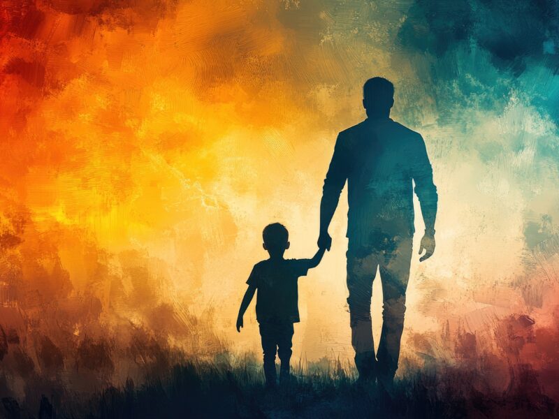 Autism awareness picture. Father holding hand of his autistic child.