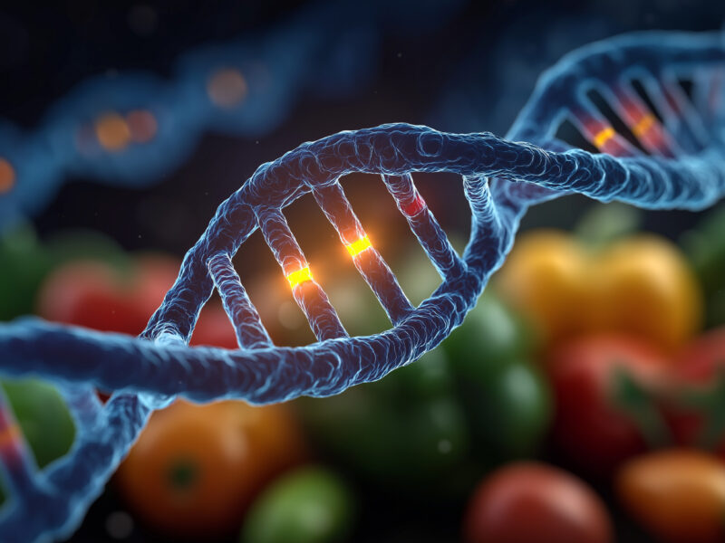 DNA and fresh vegetable: A striking depiction of the DNA structure interweaves with a vibrant assortment of fresh vegetable. Symbolizing the essence of healthy.
