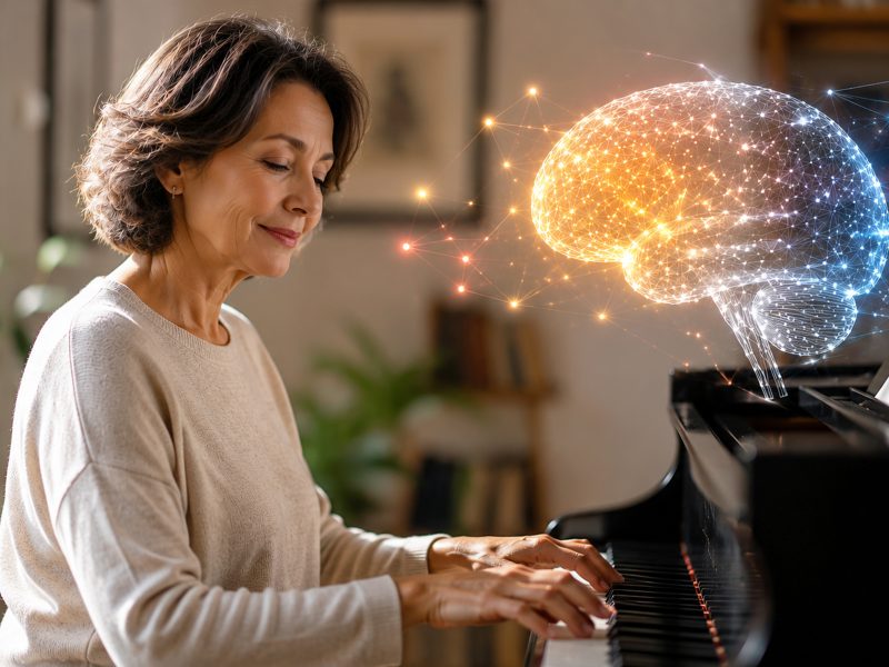 Senior woman playing piano glowing brain neural network, cognitive longevity memory development, music therapy creativity, neuroplasticity aging wellness, mental health concept.